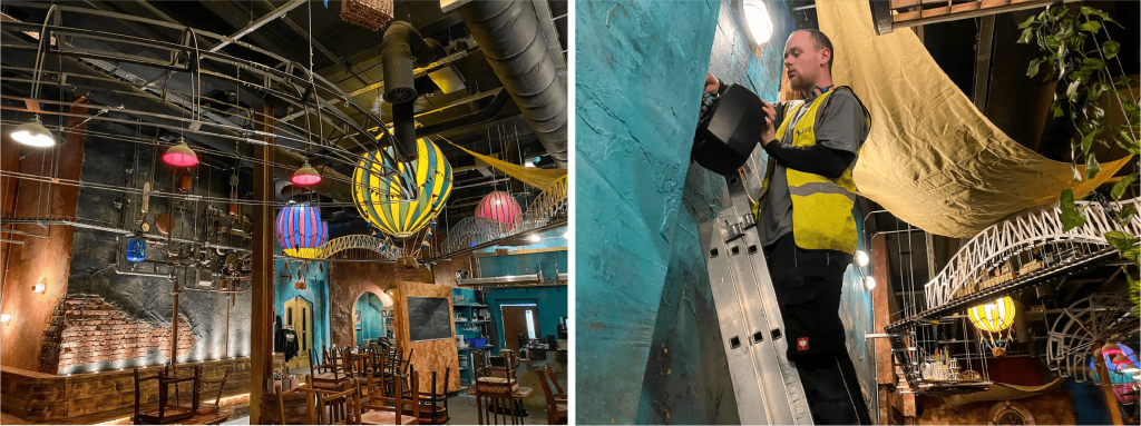 Two photos. One of a creative cafe and the other of a man installing a speaker on a ladder