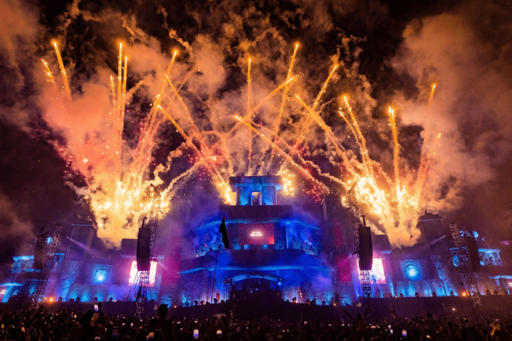 Festival stage with fireworks